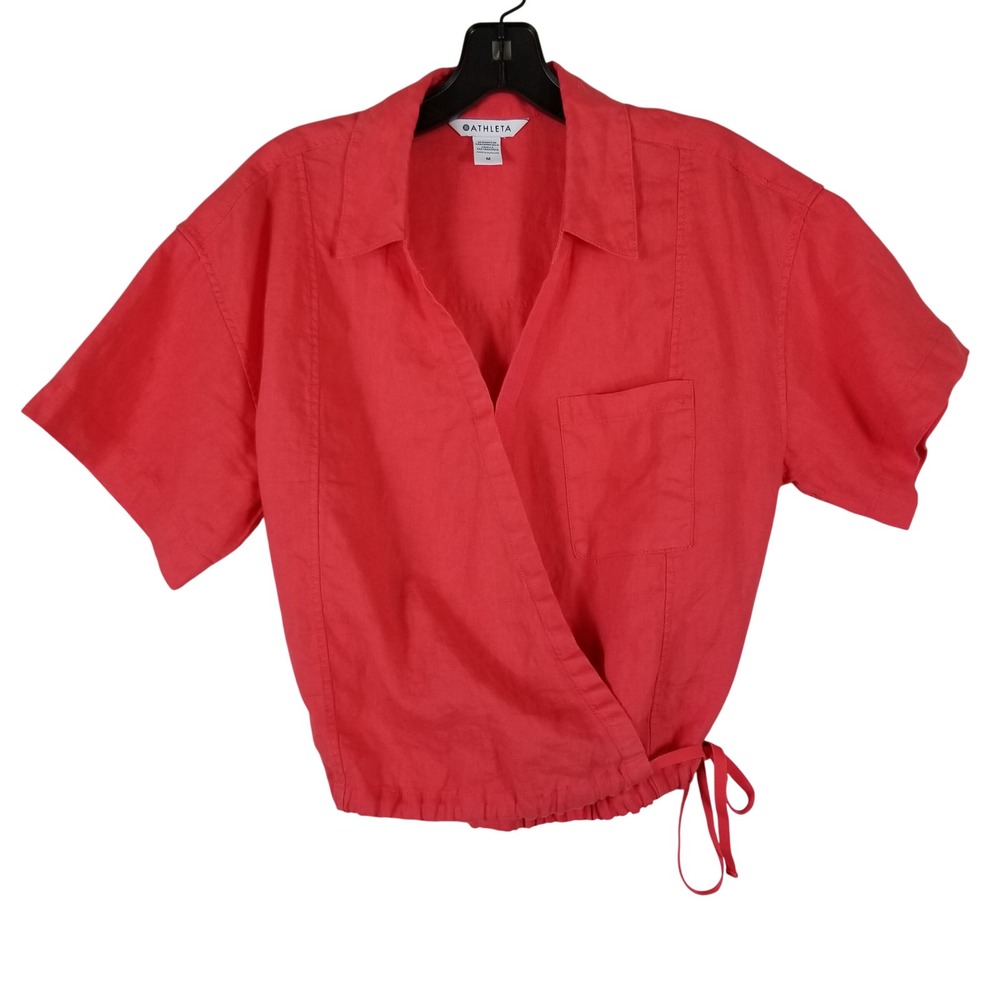 Athleta Playa Tie Top Womens Medium Red Coral 100% Linen Wrap Short Sleeve Shirt